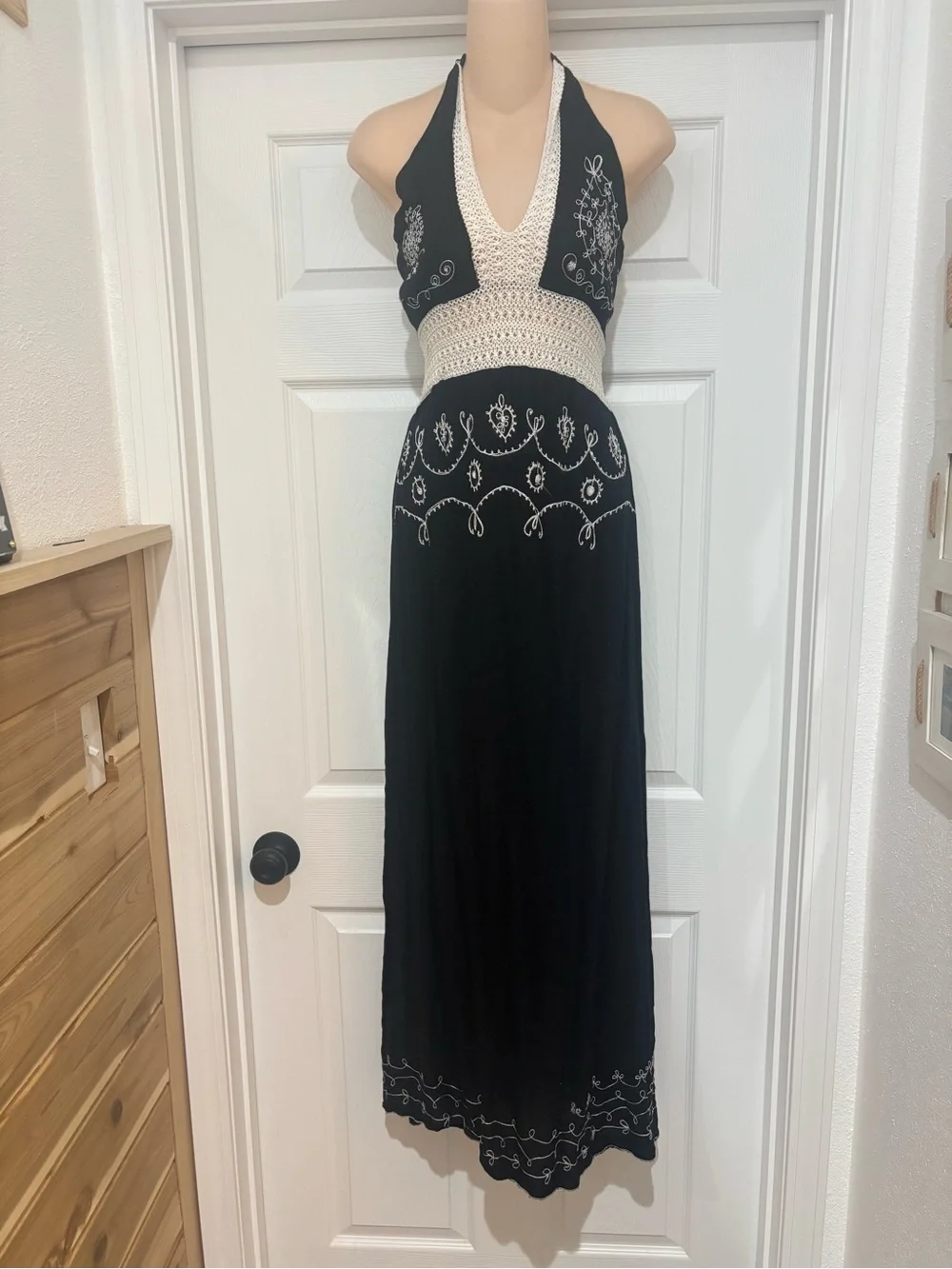 Black Halter Maxi Dress with White Crochet Trim - Picture 1 of 5
